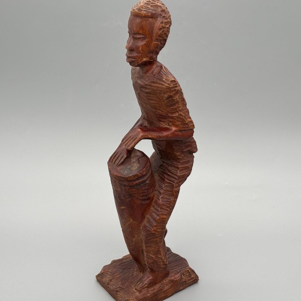 Vintage Hand Carved Wooden Drummer Figurine African Style Wood Sculpture Tribal